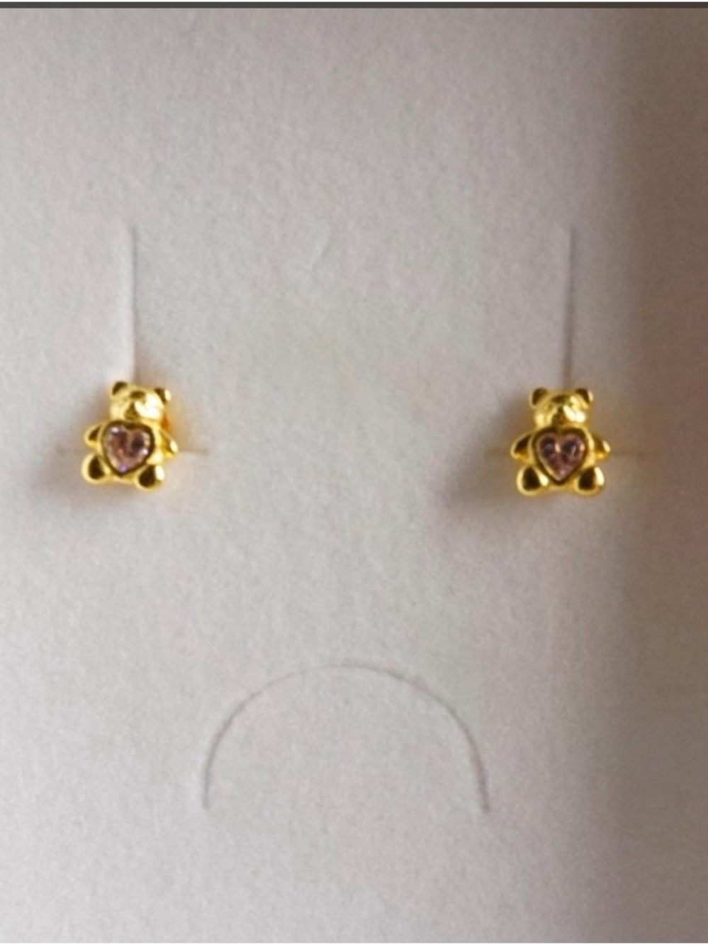 Gold Teddy Bear Heart Stud Earrings - Pink Center